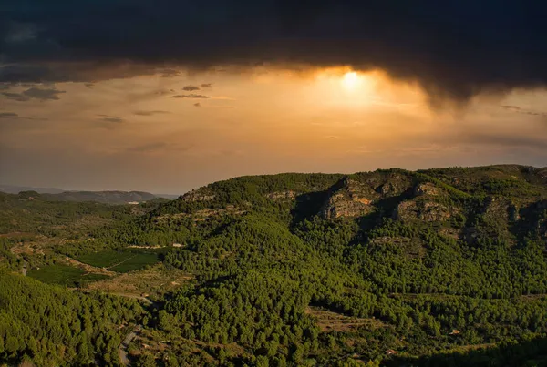 Widok Zamku Miravet Cabanes Wschodzie Słońca Hiszpania — Zdjęcie stockowe