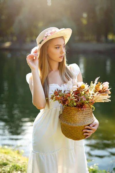 Perfect Young Blond Girl White Dress Nature — Stock Photo, Image
