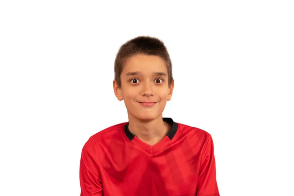Překvapený Pohledný Chlapec Červené Košili Bílém Pozadí — Stock fotografie