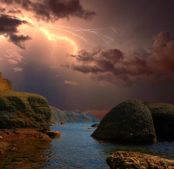 Lightning Black Sea Coast Lightning Flashes Sky Rocky Coast Black — Stock Photo, Image