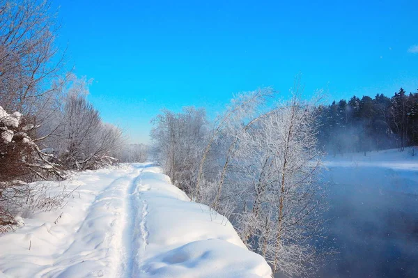 Winterse Manier Een Besneeuwde Weg Langs Winterrivier Sneeuwval Schilderachtig Winterlandschap — Stockfoto