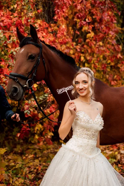 Une jeune belle mariée en robe blanche se tient près d'un cheval dans la forêt d'automne — Photo