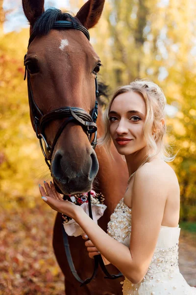 Beautiful bride in a white dress stands near a horse in the autumn forest — Stock Photo, Image