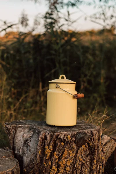 Contenitore di latte di metallo giallo si trova su un ceppo nel villaggio — Foto Stock