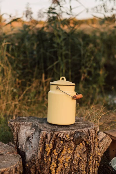 Contenitore di latte di metallo giallo si trova su un ceppo nel villaggio — Foto Stock