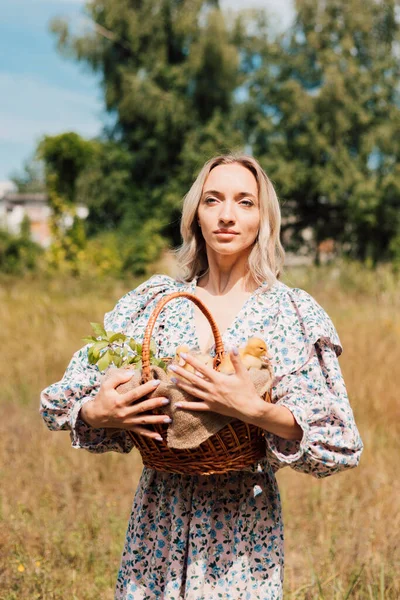 Genç ve güzel bir kız elinde ördek yavrusuyla bir sepet tutuyor.