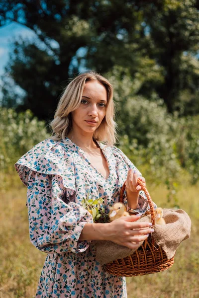 Genç ve güzel bir kız elinde ördek yavrusuyla bir sepet tutuyor.