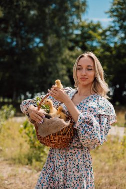 Bir kadın bir sepet tutuyor ve bir elinde küçük bir ördek yavrusu tutuyor.