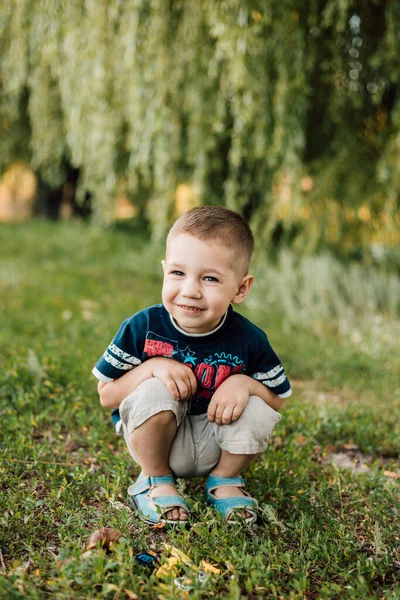 Little boy sits in the grass and smiles sweetly — Foto Stock