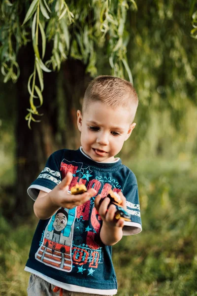 Un bambino tiene in mano un giocattolo e gioca in natura sotto un albero — Foto Stock