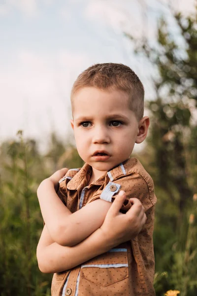 Ciddi tişörtlü küçük bir çocuk doğada duruyor ve elleriyle kendine sarılıyor.