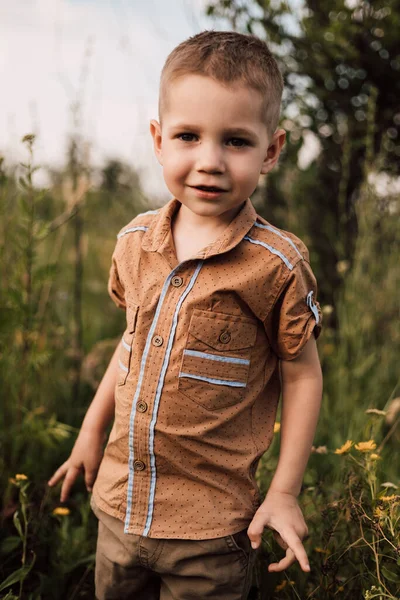 A little boy stands in nature and smiles — Foto Stock