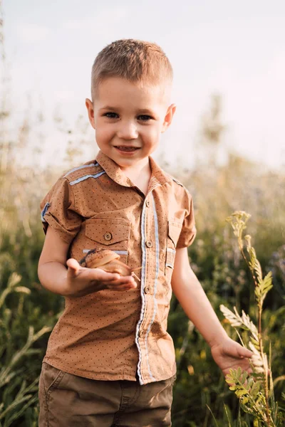 Küçük bir çocuk doğada çimlerin üzerinde duruyor ve elinde bir salyangoz tutuyor.