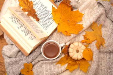 Sonbahar kompozisyon kitabı, bir fincan kahve, balkabağı ve yapraklar. Yüksek kalite fotoğraf