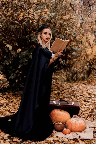 森の中に立つ魔女 彼女の前には カボチャ キャンドル スーツケースがあります 彼女は思います — ストック写真