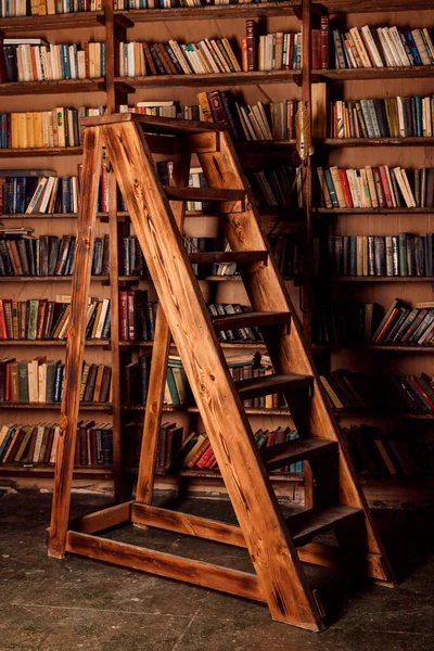 Karanlık bir odada kitaplarla dolu bir rafın önünde büyük ahşap bir merdiven duruyor. Yüksek kalite fotoğraf