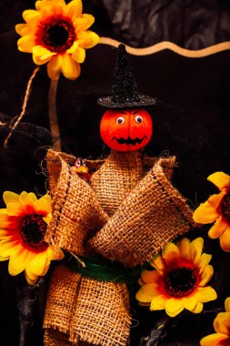 Cadılar Bayramı için balkabağı ve ayçiçeği kompozisyonu. Yüksek kalite fotoğraf