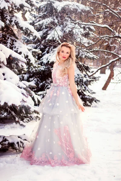 Beautiful Woman Luxurious Blue Fairy Tale Dress Snowy Forest High — Stock Photo, Image