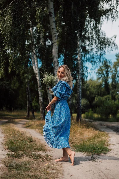 Woman Long Blue Dress Whirls Has Fun — Photo