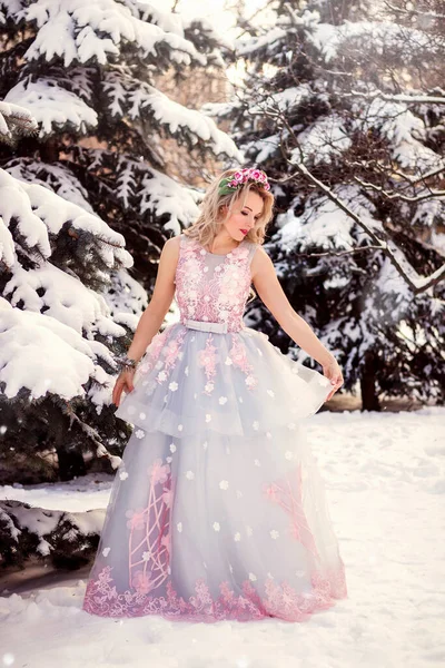 Piękna Kobieta Luksusowej Niebieskiej Bajkowej Sukience Śnieżnym Lesie Wysokiej Jakości — Zdjęcie stockowe