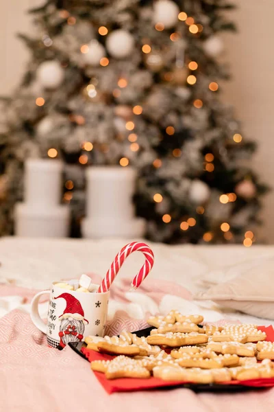 Χριστουγεννιάτικα Μπισκότα Χριστουγεννιάτικες Διακοσμήσεις Στο Κρεβάτι Στο Εσωτερικό Υψηλής Ποιότητας — Φωτογραφία Αρχείου