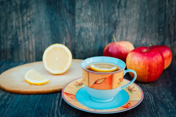 Здоровый Вкусный Чай Лимоном Яблоками Витамины Правильное Питание Здоровье Высокое — стоковое фото