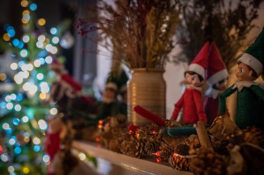Noel süsleri, arka planda bulanık ışıkları olan elfler.