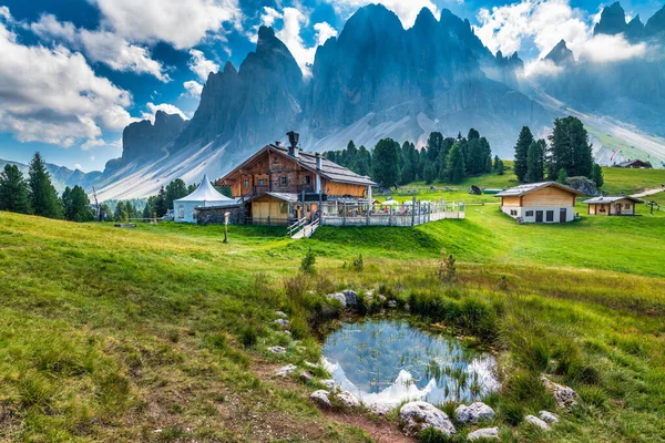 Summer Landscape Val Funes Valley Santa Maddalena Village Trentino Alto — Stock Photo, Image