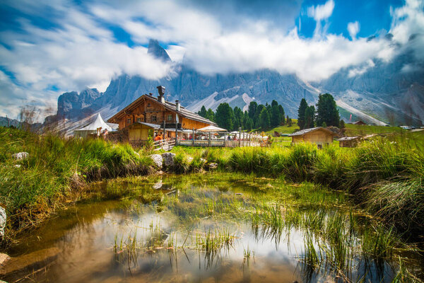 Summer landscape of Val di Funes valley,  Santa Maddalena Village,Trentino Alto Adige region, Italy, Europe 