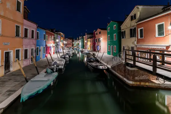 Night Time Burano Murano Channel Cityscape Multi Color Buildings Venice — Stock Photo, Image