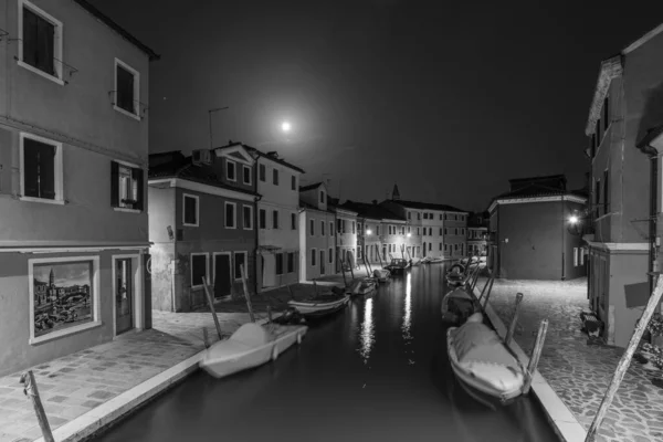 Noche Blanco Negro Burano Murano Canal Paisaje Urbano Con Edificios — Foto de Stock