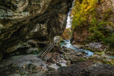 Orrido dello Slizza 'da sonbahar doğası, Tarvisio şehri, Udine bölgesi, Friuli Venezia Giulia bölgesi, İtalya