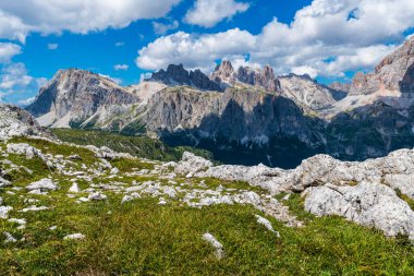 5 Torri, Belluno, Veneto, İtalya. Cinque Torri. Yazın Beş Kulenin Manzarası, Dolomitler Alp Dağları