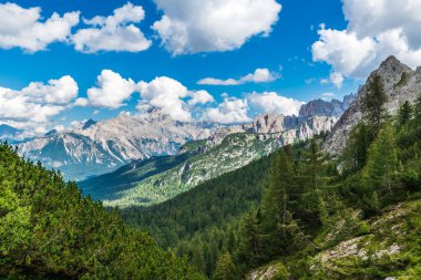 5 Torri, Belluno, Veneto, İtalya. Cinque Torri. Yazın Beş Kulenin Manzarası, Dolomitler Alp Dağları