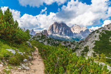 5 Torri, Belluno, Veneto, İtalya. Cinque Torri. Yazın Beş Kulenin Manzarası, Dolomitler Alp Dağları