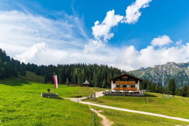 Dağlarda huzurlu bir yaz manzarası, köy ahşap evi, Santa Maddalena Köyü, İtalya 