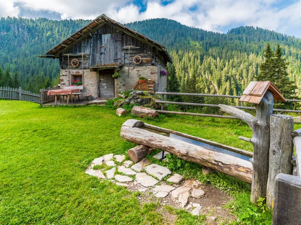 Dağlarda Huzurlu Bir Yaz Manzarası Köy Ahşap Evi Santa Maddalena — Stok fotoğraf