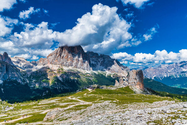 national park, hiking Landscape with stones, Five Towers, Dolomites Alps Mountains