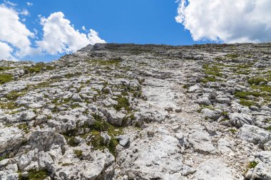 Yaz doğası, dağ manzarası, Dolomitler Alp Dağları.