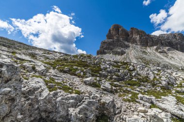 Yaz doğası, dağ manzarası, Dolomitler Alp Dağları.