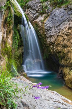 İtalya 'da ormandaki dağlık şelalenin olduğu doğa sahnesi