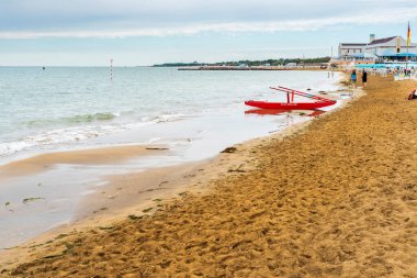Lignano Pineta Sahili ve deniz manzarası, Udine ili, İtalya 