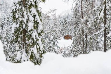 İtalya 'da kış boyunca Sappada şehir manzarası 