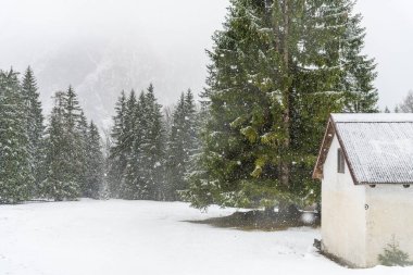 İtalya 'da Saisera Vadisi kış manzarası 