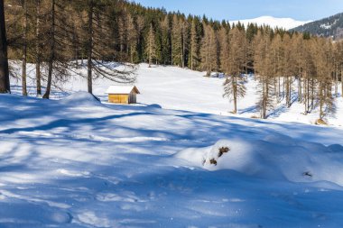 Val Fiscalina, Güney Tyrol, dağlarda kış mevsimi manzarası, kayak merkezindeki ahşap ev 