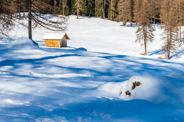 ヴァル フィスカリーナ 南チロル 山の中の冬の季節の風景 スキー場の木造住宅 — ストック写真