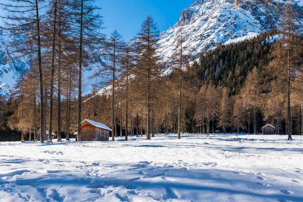 Val Fiscalina Güney Tyrol Dağlarda Ahşap Kulübelerde Kış Mevsimi Manzarası — Stok fotoğraf