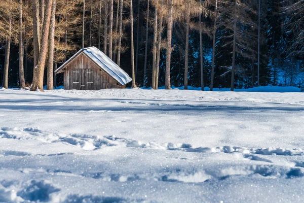 Val Fiscalina Zuid Tirol Winterlandschap Bergen Houten Huis Skigebied — Stockfoto