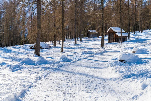 Val Fiscalina Jižní Tyrolsko Zimní Krajina Horách Dřevěných Chatách — Stock fotografie