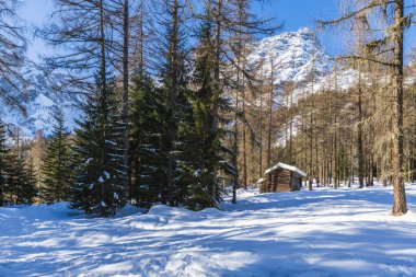 Val Fiscalina, Güney Tyrol, dağlarda kış mevsimi manzarası, kayak merkezindeki ahşap ev 